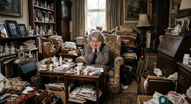 Elderly woman surrounded by clutter in her home, looking overwhelmed