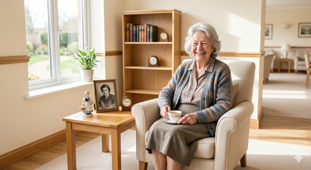 Elderly woman in a clean, tidy home, looking content and relaxed